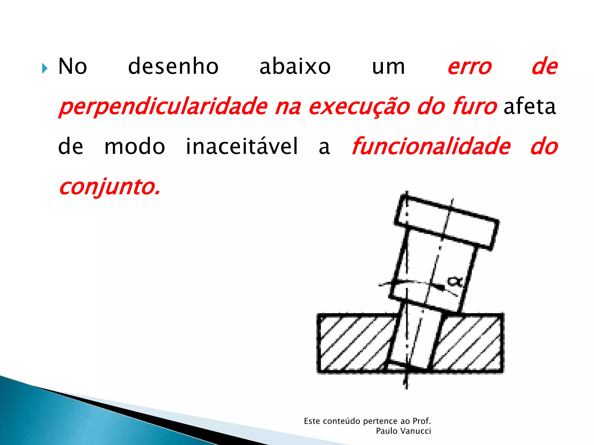  No desenho abaixo um erro de
perpendicularidade na execução do furo afeta
de modo inaceitável a funcionalidade do
conjunto.
Este conteúdo pertence ao Prof.
Paulo Vanucci
 