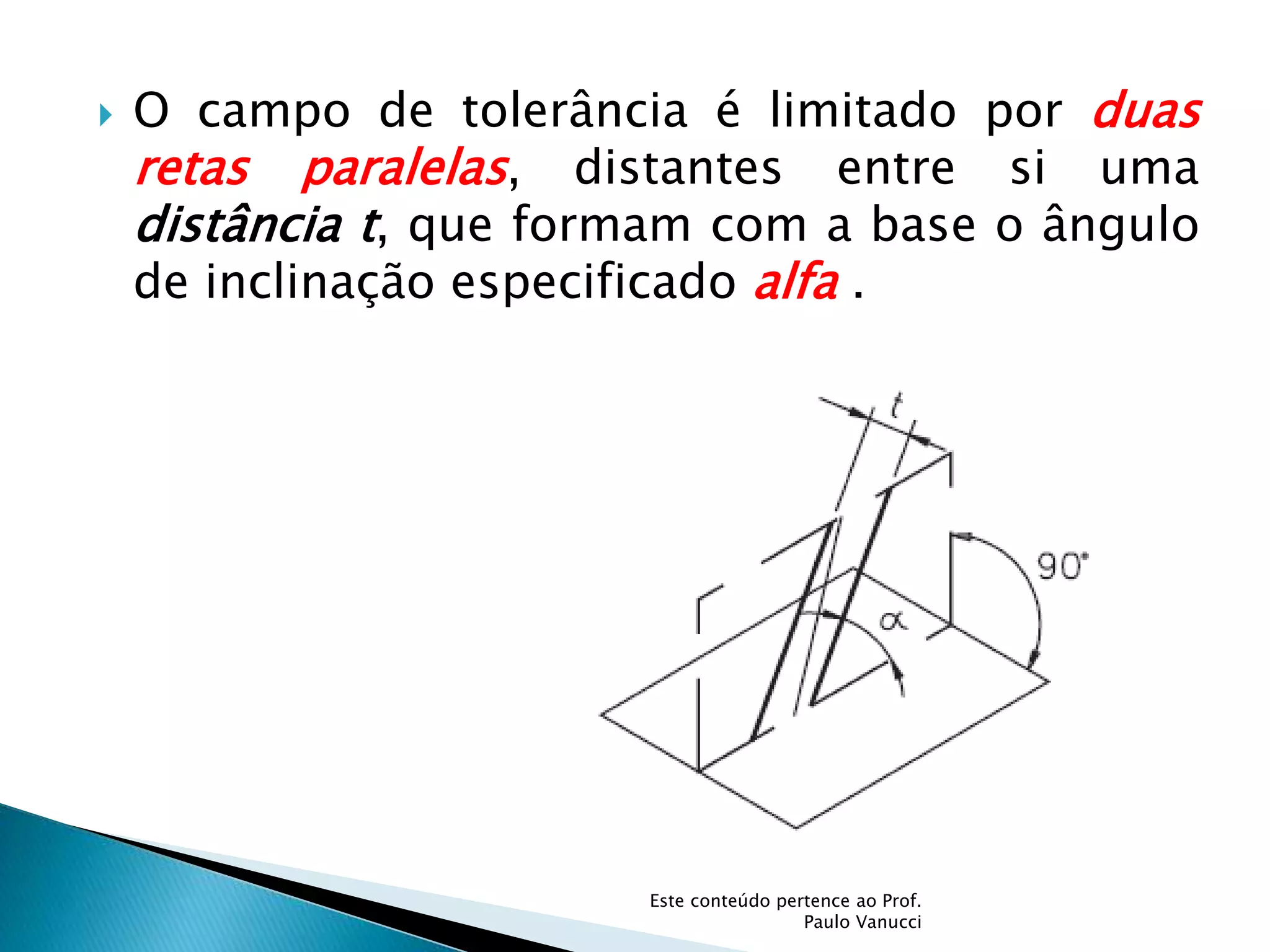  O campo de tolerância é limitado por duas
retas paralelas, distantes entre si uma
distância t, que formam com a base o ângulo
de inclinação especificado alfa .
Este conteúdo pertence ao Prof.
Paulo Vanucci
 