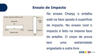 Ensaio de Impacto
No ensaio Charpy o entalhe
está na face oposta à superfície
de impacto. No ensaio Izod o
impacto é feito na mesma face
do entalhe. O corpo de prova
tem uma extremidade
engastada e outra livre
 