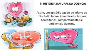 II. HISTÓRIA NATURAL DA DOENÇA:
Assim, um episódio agudo de infarto do
miocárdio foram identificados fatores
hereditários, comportamentais e
ambientais diversos.
17
 