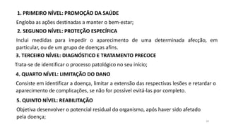 28
1. PRIMEIRO NÍVEL: PROMOÇÃO DA SAÚDE
Engloba as ações destinadas a manter o bem-estar;
2. SEGUNDO NÍVEL: PROTEÇÃO ESPECÍFICA
Inclui medidas para impedir o aparecimento de uma determinada afecção, em
particular, ou de um grupo de doenças afins.
3. TERCEIRO NÍVEL: DIAGNÓSTICO E TRATAMENTO PRECOCE
Trata-se de identificar o processo patológico no seu início;
4. QUARTO NÍVEL: LIMITAÇÃO DO DANO
Consiste em identificar a doença, limitar a extensão das respectivas lesões e retardar o
aparecimento de complicações, se não for possível evitá-las por completo.
5. QUINTO NÍVEL: REABILITAÇÃO
Objetiva desenvolver o potencial residual do organismo, após haver sido afetado
pela doença;
 