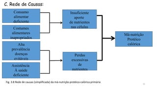 C. Rede de Causas:
Consumo
alimentar
deficiente
Costumes
alimentares
inapropriados
Insuficiente
aporte
de nutrientes
nas células
Perdas
excessivas
de
nutrientes
Alta
prevalência
doenças
evitáveis
Assistência
À saúde
deficiente
Má-nutrição
Protéico
calórica
45
Fig. 3.8 Rede de causas (simplificada) da má-nutrição protéico-calórica primária
 