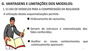 G. VANTAGENS E LIMITAÇÕES DOS MODELOS:
1. O USO DE MODELOS PARA A COMPREENSÃO DA REALIDADE
A utilização destas esquematizações permite:
 Ordenamento do raciocínio;
 Servem de estrutura à sistematização dos
fatos conhecidos;
 Acolher os novos conhecimentos que
continuamente aparecem.
50
 