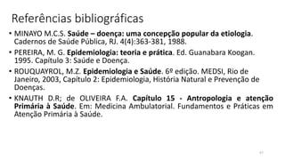 • MINAYO M.C.S. Saúde – doença: uma concepção popular da etiologia.
Cadernos de Saúde Pública, RJ. 4(4):363-381, 1988.
• PEREIRA, M. G. Epidemiologia: teoria e prática. Ed. Guanabara Koogan.
1995. Capítulo 3: Saúde e Doença.
• ROUQUAYROL, M.Z. Epidemiologia e Saúde. 6º edição. MEDSI, Rio de
Janeiro, 2003, Capítulo 2: Epidemiologia, História Natural e Prevenção de
Doenças.
• KNAUTH D.R; de OLIVEIRA F.A. Capítulo 15 - Antropologia e atenção
Primária à Saúde. Em: Medicina Ambulatorial. Fundamentos e Práticas em
Atenção Primária à Saúde.
Referências bibliográficas
57
 
