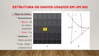 ESTRUTURA DE DADOS USADOS EM UM SIG
• Tipos de dados:
• Geométricos:
• Raster - Representa a informação espacial por meio de uma grade ou matriz
de células (pixels).Cada pixel tem um valor associado (como cor, altitude,
temperatura).
• Vetor - Usa pontos, linhas e polígonos para representar feições no espaço.
• Atributos - Contêm informações descritivas (ou não espaciais) sobre as
feições geométricas.
• Cada feição geométrica (como ponto, linha ou polígono) tem um
conjunto de atributos associado em forma de tabela.
 