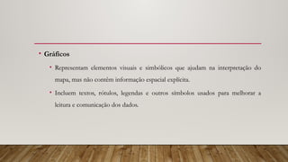 • Gráficos
• Representam elementos visuais e simbólicos que ajudam na interpretação do
mapa, mas não contêm informação espacial explícita.
• Incluem textos, rótulos, legendas e outros símbolos usados para melhorar a
leitura e comunicação dos dados.
 
