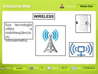 Turma: 2503-B Aula: 10 Pág: 10 a 17 Data: 18-jan-12 
xxxxxx 4 10-17 15/09/2014 
Instrutor: Ricardo Paladini Matos 
Elielso Dias 
WIRELESS 
Sua tecnologia 
utiliza a 
radiofreqüência 
ou 
infravermelho. 
 