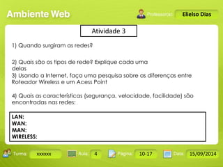 Atividade 3 
Turma: 2503-B Aula: 10 Pág: 10 a 17 Data: 18-jan-12 
xxxxxx 4 10-17 15/09/2014 
Instrutor: Ricardo Paladini Matos 
Elielso Dias 
1) Quando surgiram as redes? 
2) Quais são os tipos de rede? Explique cada uma 
delas 
3) Usando a Internet, faça uma pesquisa sobre as diferenças entre 
Roteador Wireless e um Acess Point 
4) Quais as características (segurança, velocidade, facilidade) são 
encontradas nas redes: 
LAN: 
WAN: 
MAN: 
WIRELESS: 
