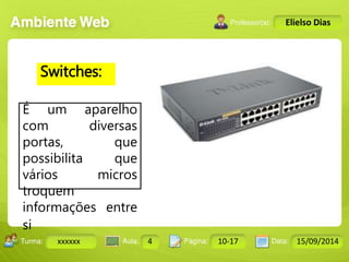 Turma: 2503-B Aula: 10 Pág: 10 a 17 Data: 18-jan-12 
xxxxxx 4 10-17 15/09/2014 
Instrutor: Ricardo Paladini Matos 
Elielso Dias 
Switches: 
É um aparelho 
com diversas 
portas, que 
possibilita que 
vários micros 
troquem 
informações entre 
si 
 