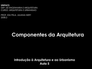 Introdução à Arquitetura e ao Urbanismo Aula 5 Componentes da Arquitetura UNIFACS  DEP. DE ENGENHARIA E ARQUITETURA CURSO: ARQUITETURA E URBANISMO PROF. IDA PELA, JULIANA NERY 2008.2 
