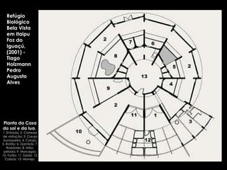 Planta da Casa do sol e da lua.  1. Entrada; 2. Corredor de visitação; 3. Coruja buraqueira; 4. Coruja; 5. Ratão; 6. Gambás; 7. Roedores; 8. Mão-pelada; 9. Morcegos; 10. Furão; 11. Saída; 12. Cobras; 13. Manejo  Refúgio Biológico Bela Vista em Itaipu Foz do Iguaçú, (2001) - Tiago Holzmann  Pedro Augusto Alves 