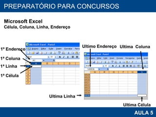 PROAB 2010 AULA 5 PREPARATÓRIO PARA CONCURSOS Microsoft Excel Célula, Coluna, Linha, Endereço 1ª Célula 1ª Linha Ultima  Coluna 1º Endereço 1ª Coluna Ultima Linha Ultima Célula Ultimo Endereço 