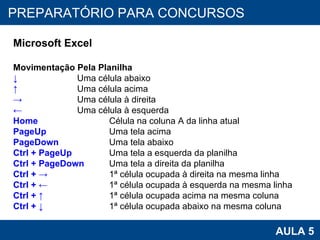 PROAB 2010 AULA 5 PREPARATÓRIO PARA CONCURSOS Microsoft Excel Movimentação Pela Planilha ↓  Uma célula abaixo ↑  Uma célula acima ->   Uma célula à direita ←  Uma célula à esquerda Home   Célula na coluna A da linha atual PageUp   Uma tela acima PageDown   Uma tela abaixo Ctrl + PageUp   Uma tela a esquerda da planilha Ctrl + PageDown   Uma tela a direita da planilha Ctrl + ->  1ª célula ocupada à direita na mesma linha Ctrl + ←  1ª célula ocupada à esquerda na mesma linha Ctrl + ↑   1ª célula ocupada acima na mesma coluna Ctrl + ↓  1ª célula ocupada abaixo na mesma coluna 