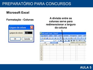 PROAB 2010 AULA 5 PREPARATÓRIO PARA CONCURSOS Microsoft Excel Formatação - Colunas A divisão entre as colunas serve para redimensionar a largura da coluna 