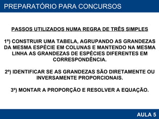 PROAB 2010 AULA 5 PREPARATÓRIO PARA CONCURSOS PASSOS UTILIZADOS NUMA REGRA DE TRÊS SIMPLES 1º) CONSTRUIR UMA TABELA, AGRUPANDO AS GRANDEZAS DA MESMA ESPÉCIE EM COLUNAS E MANTENDO NA MESMA LINHA AS GRANDEZAS DE ESPÉCIES DIFERENTES EM CORRESPONDÊNCIA. 2º) IDENTIFICAR SE AS GRANDEZAS SÃO DIRETAMENTE OU INVERSAMENTE PROPORCIONAIS. 3º) MONTAR A PROPORÇÃO E RESOLVER A EQUAÇÃO. 