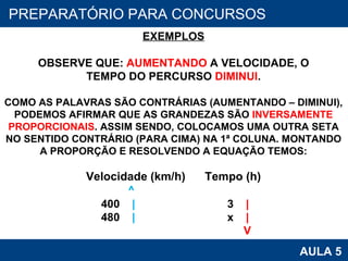 PROAB 2010 AULA 5 PREPARATÓRIO PARA CONCURSOS EXEMPLOS OBSERVE QUE:  AUMENTANDO  A VELOCIDADE, O TEMPO DO PERCURSO  DIMINUI . COMO AS PALAVRAS SÃO CONTRÁRIAS (AUMENTANDO – DIMINUI), PODEMOS AFIRMAR QUE AS GRANDEZAS SÃO  INVERSAMENTE PROPORCIONAIS . ASSIM SENDO, COLOCAMOS UMA OUTRA SETA NO SENTIDO CONTRÁRIO (PARA CIMA) NA 1ª COLUNA. MONTANDO A PROPORÇÃO E RESOLVENDO A EQUAÇÃO TEMOS: Velocidade (km/h)   Tempo (h) ^  400  |   3  | 480  |   x  | V 