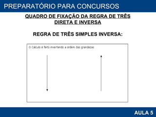 PROAB 2010 AULA 5 PREPARATÓRIO PARA CONCURSOS QUADRO DE FIXAÇÃO DA REGRA DE TRÊS DIRETA E INVERSA REGRA DE TRÊS SIMPLES INVERSA: 