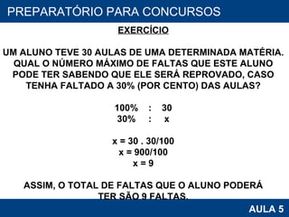 PROAB 2010 AULA 5 PREPARATÓRIO PARA CONCURSOS EXERCÍCIO UM ALUNO TEVE 30 AULAS DE UMA DETERMINADA MATÉRIA. QUAL O NÚMERO MÁXIMO DE FALTAS QUE ESTE ALUNO PODE TER SABENDO QUE ELE SERÁ REPROVADO, CASO TENHA FALTADO A 30% (POR CENTO) DAS AULAS? 100%  :  30 30%  :  x x = 30 . 30/100 x = 900/100 x = 9 ASSIM, O TOTAL DE FALTAS QUE O ALUNO PODERÁ TER SÃO 9 FALTAS. 