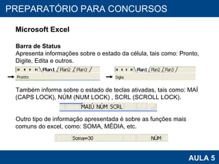 PROAB 2010 AULA 5 PREPARATÓRIO PARA CONCURSOS Microsoft Excel Barra de Status Apresenta informações sobre o estado da célula, tais como: Pronto, Digite, Edita e outros. Também informa sobre o estado de teclas ativadas, tais como: MAÍ (CAPS LOCK), NÚM (NUM LOCK) , SCRL (SCROLL LOCK). Outro tipo de informação apresentada é sobre as funções mais comuns do excel, como: SOMA, MÉDIA, etc.  