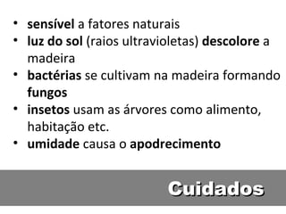 Cuidados sensível  a fatores naturais luz do sol  (raios ultravioletas)  descolore  a madeira bactérias  se cultivam na madeira formando  fungos insetos  usam as árvores como alimento, habitação etc. umidade  causa o  apodrecimento 