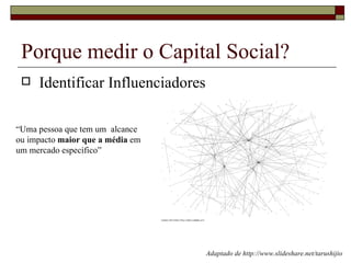 Porque medir o Capital Social?
    Identificar Influenciadores

“Uma pessoa que tem um alcance
ou impacto maior que a média em
um mercado específico”




                                   Adaptado de http://www.slideshare.net/tarushijio
 
