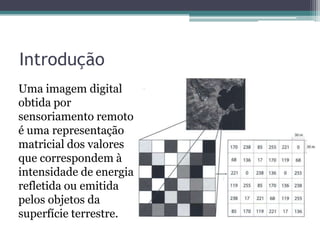 Introdução
Uma imagem digital
obtida por
sensoriamento remoto
é uma representação
matricial dos valores
que correspondem à
intensidade de energia
refletida ou emitida
pelos objetos da
superfície terrestre.
 