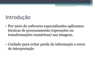 Introdução
• Por meio de softwares especializados aplicamos
  técnicas de processamento (operações ou
  transformações numéricas) nas imagens.

• Cuidado para evitar perda de informação e erros
  de interpretação
 
