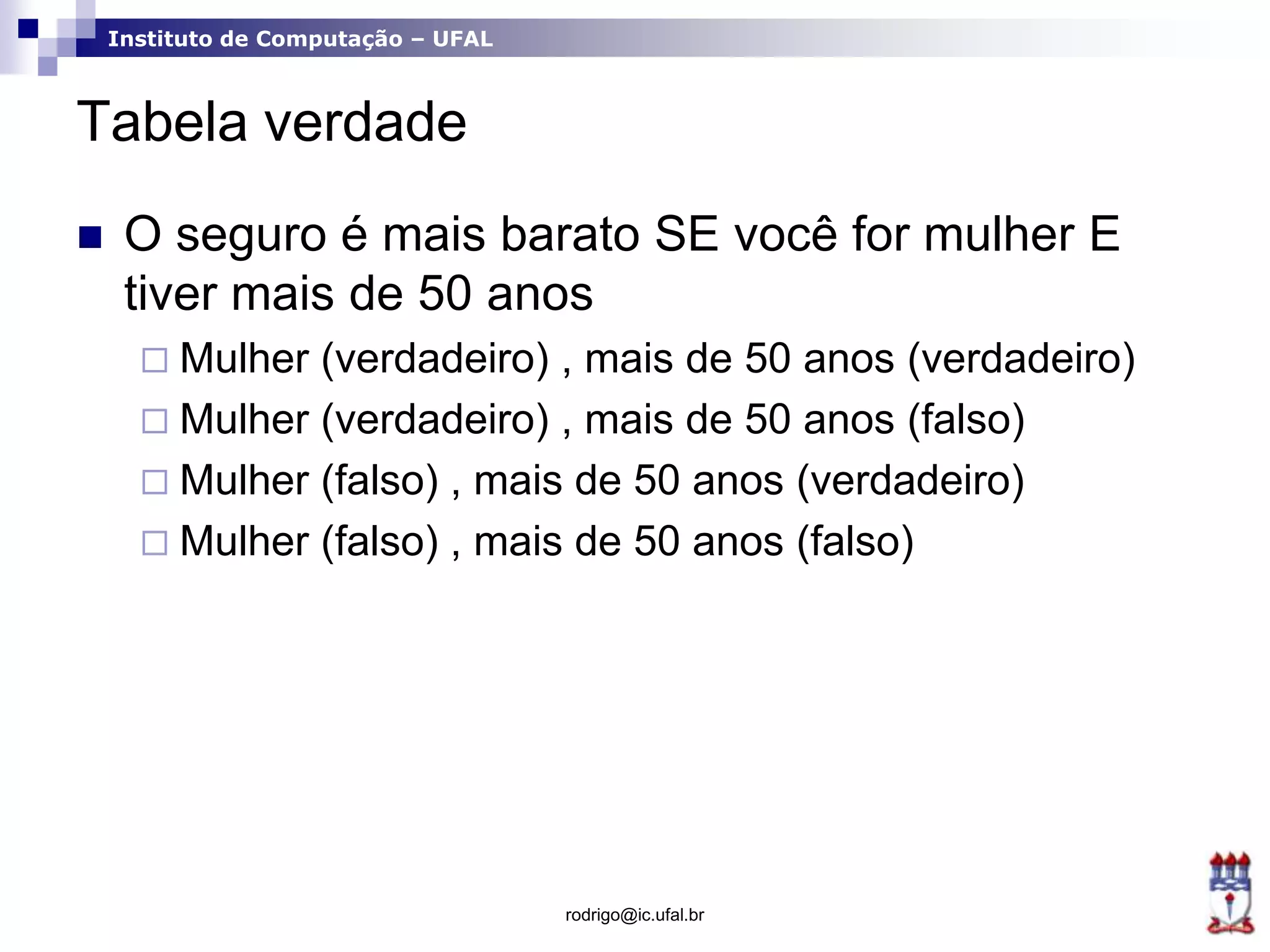 Instituto de Computação – UFAL
Tabela verdade
 O seguro é mais barato SE você for mulher E
tiver mais de 50 anos
 Mulher (verdadeiro) , mais de 50 anos (verdadeiro)
 Mulher (verdadeiro) , mais de 50 anos (falso)
 Mulher (falso) , mais de 50 anos (verdadeiro)
 Mulher (falso) , mais de 50 anos (falso)
rodrigo@ic.ufal.br
 