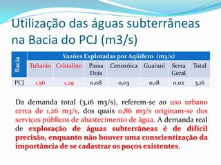 Bacia

Utilização das águas subterrâneas
na Bacia do PCJ (m3/s)
PCJ

Vazões Explotadas por Aqüífero (m3/s)
Tubarão Cristalino
1,56

1,29

Passa
Dois
0,08

Cenozóica Guarani
0,03

0,18

Serra
Geral

Total

0,02

3,16

Da demanda total (3,16 m3/s), referem-se ao uso urbano
cerca de 1,26 m3/s, dos quais 0,86 m3/s originam-se dos
serviços públicos de abastecimento de água. A demanda real
de exploração de águas subterrâneas é de difícil
precisão, enquanto não houver uma conscientização da
importância de se cadastrar os poços existentes.

 
