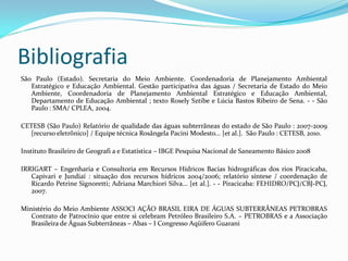 Bibliografia
São Paulo (Estado). Secretaria do Meio Ambiente. Coordenadoria de Planejamento Ambiental
Estratégico e Educação Ambiental. Gestão participativa das águas / Secretaria de Estado do Meio
Ambiente, Coordenadoria de Planejamento Ambiental Estratégico e Educação Ambiental,
Departamento de Educação Ambiental ; texto Rosely Sztibe e Lúcia Bastos Ribeiro de Sena. - - São
Paulo : SMA/ CPLEA, 2004.
CETESB (São Paulo) Relatório de qualidade das águas subterrâneas do estado de São Paulo : 2007-2009
[recurso eletrônico] / Equipe técnica Rosângela Pacini Modesto... [et al.]. São Paulo : CETESB, 2010.
Instituto Brasileiro de Geografi a e Estatística – IBGE Pesquisa Nacional de Saneamento Básico 2008

IRRIGART – Engenharia e Consultoria em Recursos Hídricos Bacias hidrográficas dos rios Piracicaba,
Capivari e Jundiaí : situação dos recursos hídricos 2004/2006; relatório síntese / coordenação de
Ricardo Petrine Signoretti; Adriana Marchiori Silva... [et al.]. - - Piracicaba: FEHIDRO/PCJ/CBJ-PCJ,
2007.
Ministério do Meio Ambiente ASSOCI AÇÃO BRASIL EIRA DE ÁGUAS SUBTERRÂNEAS PETROBRAS
Contrato de Patrocínio que entre si celebram Petróleo Brasileiro S.A. – PETROBRAS e a Associação
Brasileira de Águas Subterrâneas – Abas – I Congresso Aqüífero Guarani

 