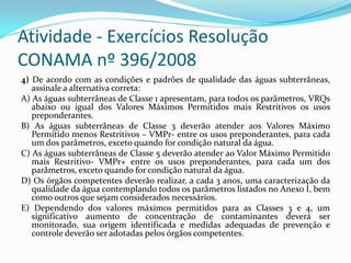Atividade - Exercícios Resolução
CONAMA nº 396/2008
4) De acordo com as condições e padrões de qualidade das águas subterrâneas,
assinale a alternativa correta:
A) As águas subterrâneas de Classe 1 apresentam, para todos os parâmetros, VRQs
abaixo ou igual dos Valores Máximos Permitidos mais Restritivos os usos
preponderantes.
B) As águas subterrâneas de Classe 3 deverão atender aos Valores Máximo
Permitido menos Restritivos – VMPr- entre os usos preponderantes, para cada
um dos parâmetros, exceto quando for condição natural da água.
C) As águas subterrâneas de Classe 5 deverão atender ao Valor Máximo Permitido
mais Restritivo- VMPr+ entre os usos preponderantes, para cada um dos
parâmetros, exceto quando for condição natural da água.
D) Os órgãos competentes deverão realizar, a cada 3 anos, uma caracterização da
qualidade da água contemplando todos os parâmetros listados no Anexo I, bem
como outros que sejam considerados necessários.
E) Dependendo dos valores máximos permitidos para as Classes 3 e 4, um
significativo aumento de concentração de contaminantes deverá ser
monitorado, sua origem identificada e medidas adequadas de prevenção e
controle deverão ser adotadas pelos órgãos competentes.

 