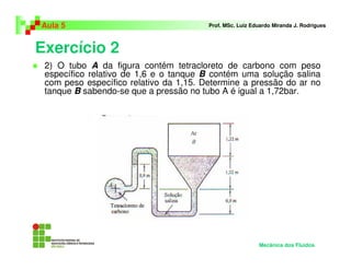 Exercício 2
Aula 5 Prof. MSc. Luiz Eduardo Miranda J. Rodrigues
2) O tubo A da figura contém tetracloreto de carbono com peso
específico relativo de 1,6 e o tanque B contém uma solução salina
com peso específico relativo da 1,15. Determine a pressão do ar no
tanque B sabendo-se que a pressão no tubo A é igual a 1,72bar.
Mecânica dos Fluidos
 