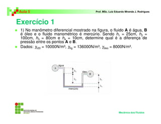 Exercício 1
Aula 5 Prof. MSc. Luiz Eduardo Miranda J. Rodrigues
1) No manômetro diferencial mostrado na figura, o fluido A é água, B
é óleo e o fluido manométrico é mercúrio. Sendo h1 = 25cm, h2 =
100cm, h3 = 80cm e h4 = 10cm, determine qual é a diferença de
pressão entre os pontos A e B.
Dados: γh20 = 10000N/m³, γHg = 136000N/m³, γóleo = 8000N/m³.
Mecânica dos Fluidos
água
óleo
mercúrio
 