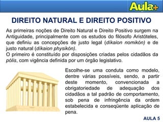 DIREITO NATURAL E DIREITO POSITIVO
As primeiras noções de Direito Natural e Direito Positivo surgem na
Antiguidade, principalmente com os estudos do filósofo Aristóteles,
que definiu as concepções de justo legal (díkaion nomikón) e de
justo natural (díkaion physikón).
O primeiro é constituído por disposições criadas pelos cidadãos da
pólis, com vigência definida por um órgão legislativo.
Escolhe-se uma conduta como modelo,
dentre várias possíveis, sendo, a partir
deste momento, convencionada a
obrigatoriedade de adequação dos
cidadãos a tal padrão de comportamento,
sob pena de infringência da ordem
estabelecida e conseqüente aplicação de
pena.
AULA 5
 