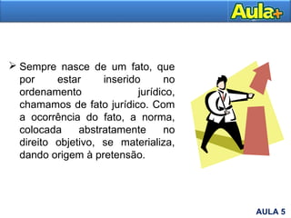  Sempre nasce de um fato, que
por estar inserido no
ordenamento jurídico,
chamamos de fato jurídico. Com
a ocorrência do fato, a norma,
colocada abstratamente no
direito objetivo, se materializa,
dando origem à pretensão.
AULA 5
 
