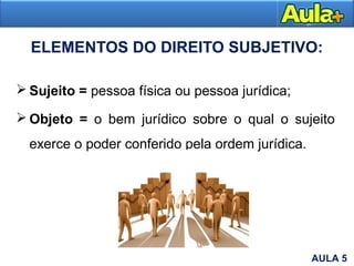 ELEMENTOS DO DIREITO SUBJETIVO:
 Sujeito = pessoa física ou pessoa jurídica;
 Objeto = o bem jurídico sobre o qual o sujeito
exerce o poder conferido pela ordem jurídica.
AULA 5
 