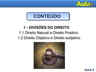 CONTEÚDO
1 - DIVISÕES DO DIREITO
1.1 Direito Natural e Direito Positivo.
1.2 Direito Objetivo e Direito subjetivo
AULA 5
 