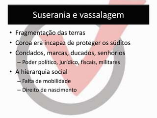 Suserania e vassalagem 
• Fragmentação das terras 
• Coroa era incapaz de proteger os súditos 
• Condados, marcas, ducados, senhorios 
– Poder político, jurídico, fiscais, militares 
• A hierarquia social 
– Falta de mobilidade 
– Direito de nascimento 
 