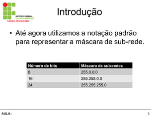 3AULA  :
Campus  Charqueadas
Introdução
• Até  agora  utilizamos  a  notação  padrão  
para  representar  a  máscara  de  sub-­rede.
Número  de  bits Máscara  de  sub-­redes
8 255.0.0.0
16 255.255.0.0
24 255.255.255.0
 
