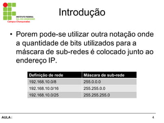 4AULA  :
Campus  Charqueadas
Introdução
• Porem  pode-­se  utilizar  outra  notação  onde  
a  quantidade  de  bits  utilizados  para  a  
máscara  de  sub-­redes  é  colocado  junto  ao  
endereço  IP.
Definição  de  rede Máscara  de  sub-­rede
192.168.10.0/8 255.0.0.0
192.168.10.0/16 255.255.0.0
192.168.10.0/25 255.255.255.0
 