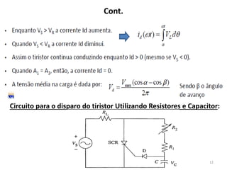 Cont.
12
Circuito para o disparo do tiristor Utilizando Resistores e Capacitor:
 
