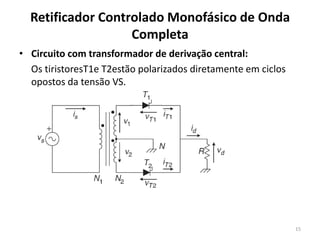 Retificador Controlado Monofásico de Onda
Completa
• Circuito com transformador de derivação central:
Os tiristoresT1e T2estão polarizados diretamente em ciclos
opostos da tensão VS.
15
 