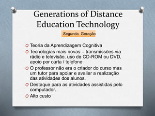 Generations of Distance
Education Technology
O Teoria da Aprendizagem Cognitiva
O Tecnologias mais novas – transmissões vi...