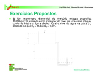 Exercícios Propostos
Aula 5 Prof. MSc. Luiz Eduardo Miranda J. Rodrigues
3) Um manômetro diferencial de mercúrio (massa específica
13600kg/m3)é utilizado como indicador do nível de uma caixa d'água,
conforme ilustra a figura abaixo. Qual o nível da água na caixa (hl)
sabendo-se que h2 = 15m e h3 = 1,3m.
Mecânica dos Fluidos
 