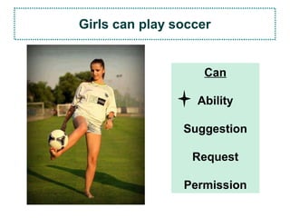 Girls can play soccer
Can
Ability
Suggestion
Request
Permission
 