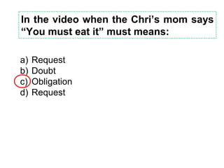 In the video when the Chri’s mom says
“You must eat it” must means:
a) Request
b) Doubt
c) Obligation
d) Request
 