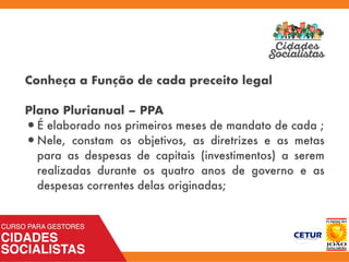 Conheça a Função de cada preceito legal
Plano Plurianual – PPA
•É elaborado nos primeiros meses de mandato de cada ;
•Nele, constam os objetivos, as diretrizes e as metas
para as despesas de capitais (investimentos) a serem
realizadas durante os quatro anos de governo e as
despesas correntes delas originadas;
 