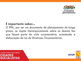 É importante saber...
O PPA, por ser um documento de planejamento de longo
prazo, se impõe hierarquicamente sobre as demais leis
que fazem parte do ciclo orçamentário, orientando a
elaboração da Lei de Diretrizes Orçamentárias.
 