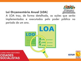 Lei Orçamentária Anual (LOA)
A LOA traz, de forma detalhada, as ações que serão
implementadas e executadas pelo poder público no
período de um ano.
 