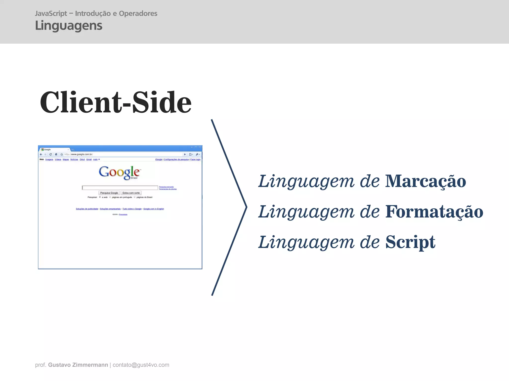 prof. Gustavo Zimmermann | contato@gust4vo.com
Client-Side
Linguagem de Marcação
Linguagem de Formatação
Linguagem de Script
JavaScript – Introdução e Operadores
Linguagens
 